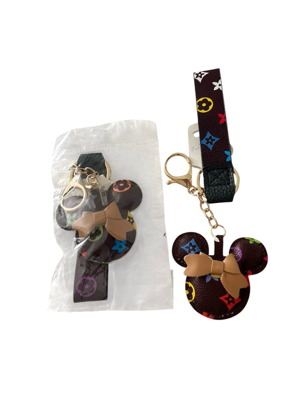 TWO MICKEY HEAD MULTI COLOR KAWAII KEYCHAIN BAGCHARMS SET OF TWO